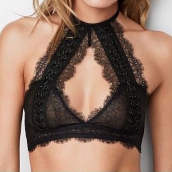 Victoria's Secret Very Sexy Bralette Bra High Neck Blk chantilly lace Up - Picture 1 of 5